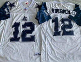 Mitchell And Ness Dallas Cowboys #12 Roger Staubach White Blue Sleeve NFL Jersey