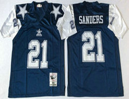 Mitchell And Ness Dallas Cowboys #21 Deion Sanders Navy Blue White Authentic Stitched NFL Jersey