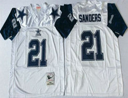 Mitchell And Ness Dallas Cowboys #21 Deion Sanders White blue Authentic Stitched NFL Jersey