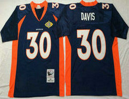 Mitchell And Ness Denver Broncos #30 Terrell Davis Blue With Patch Throwback Authentic Stitched NFL Jersey