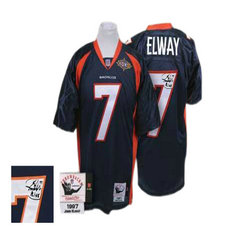 Mitchell And Ness Denver Broncos #7 John Elway Navy Blue Super Bowl Patch Authentic Throwback Autographed NFL Jersey