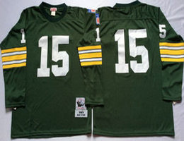 Mitchell And Ness Green Bay Packers #15 Bart Starr Green Long Sleeve Throwback Authentic Stitched NFL Jersey