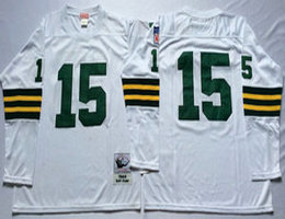 Mitchell And Ness Green Bay Packers #15 Bart Starr Long sleeve White Throwback Authentic Stitched NFL Jersey