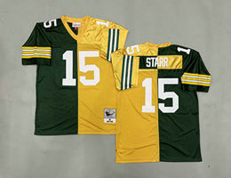 Mitchell And Ness Green Bay Packers #15 Bart Starr Yellow Green Throwback Stitched NFL Jersey