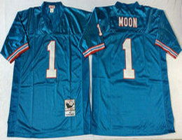 Mitchell And Ness Houston Oilers #1 Warren Moon Blue Throwback Authentic Stitched NFL Jersey