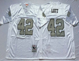Mitchell And Ness Oakland Raiders #42 Ronnie Lott White With Silver No Throwback Authentic Stitched NFL Jersey