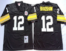 Mitchell And Ness Pittsburgh Steelers #12 Terry Bradshaw Black Throwback Authentic Stitched NFL Jersey