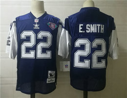 Mitchell and Ness Dallas Cowboys #22 Emmitt Smith Blue 75TH Patch Throwback Authentic Stitched NFL Jersey