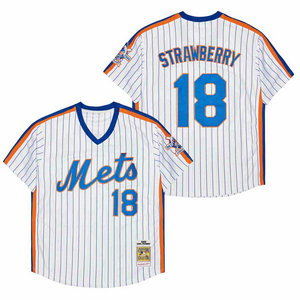 New York Mets #18 Darryl Strawberry White navy stripe 1986 Pullover Throwback Authentic Stitched MLB jersey
