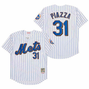 New York Mets #31 Mike Piazza White blue stripe 2000 Throwback Authentic Stitched MLB Jersey