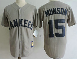 New York Yankees #15 Thurman Munson Grey with name Throwback Stitched MLB Jersey
