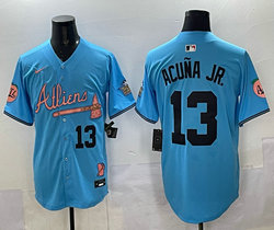 Nike Atlanta Braves #13 Ronald Acuna Jr Blue 2024 Atliens and Peach With Outkast Patch Baseball Jersey