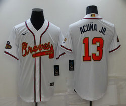 Nike Atlanta Braves #13 Ronald Acuna Jr White Gold Red number Champions Game Authentic Stitched MLB Jersey