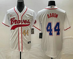 Nike Atlanta Braves #44 Hank Aaron White Gold #44 front Joint Authentic Stitched baseball jersey