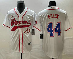 Nike Atlanta Braves #44 Hank Aaron White team patch front Joint Authentic Stitched baseball jersey