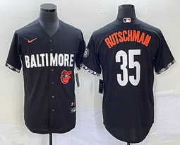 Nike Baltimore Orioles #35 Adley Rutschman Black 2023 City Team Logo on front Game Authentic Stitched MLB Jersey