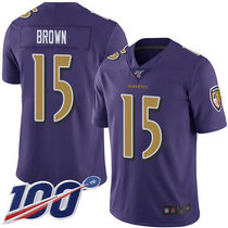 Nike Baltimore Ravens #15 Marquise Brown With 100th Season Patch Purple Rush Limited Authentic Stitched NFL Jersey