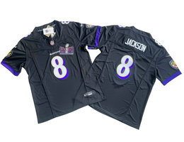 Nike Baltimore Ravens #8 Lamar Jackson Black 2023 F.U.S.E With 2024 Super Bowl (LVIII ) patch Jersey