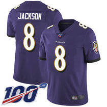 Nike Baltimore Ravens #8 Lamar Jackson With 100th Season Patch Purple Vapor Untouchable Authentic stitched NFL jersey