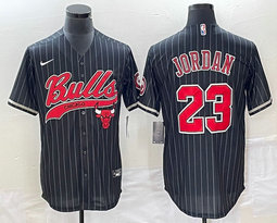 Nike Chicago Bulls #23 Michael Jordan Black (White Stripe) Team logo in front baseball Jersey