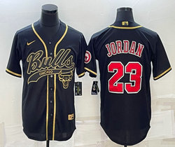 Nike Chicago Bulls #23 Michael Jordan Black Joint gold logo Authentic Stitched baseball jersey