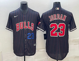 Nike Chicago Bulls #23 Michael Jordan Black Stripe Blue 23 in front baseball Jersey