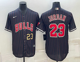 Nike Chicago Bulls #23 Michael Jordan Black Stripe Gold 23 in front baseball Jersey