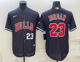 Nike Chicago Bulls #23 Michael Jordan Black Stripe White 23 front baseball Jersey