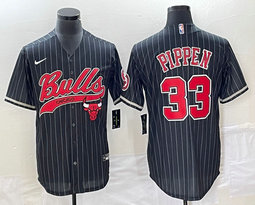 Nike Chicago Bulls #33 Scottie Pippen Black (White Stripe) Team logo in front baseball Jersey