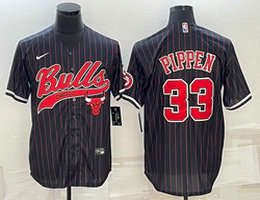 Nike Chicago Bulls #33 Scottie Pippen Black Stripe Team logo in front Authentic Stitched baseball Jersey