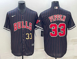 Nike Chicago Bulls #33 Scottie Pippen Black Stripe Gold 33 in front baseball Jersey