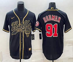 Nike Chicago Bulls #91 Dennis Rodman Black Joint gold logo Authentic Stitched baseball jersey