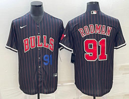 Nike Chicago Bulls #91 Dennis Rodman Black Stripe Blue 91 in front baseball Jersey