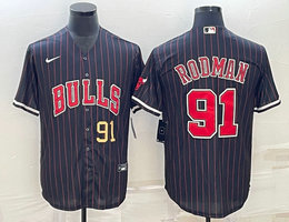 Nike Chicago Bulls #91 Dennis Rodman Black Stripe Gold 91 in front baseball Jersey