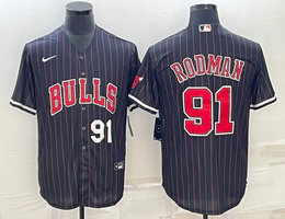 Nike Chicago Bulls #91 Dennis Rodman Black Stripe White 91 in front baseball Jersey