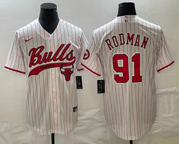 Nike Chicago Bulls #91 Dennis Rodman White (Red Stripe)Joint baseball jersey