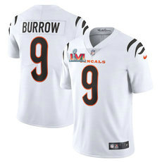 Nike Cincinnati Bengals #9 Joe Burrow White 2022 Super Bowl LVI Patch Vapor Untouchable Authentic Stitched NFL Jersey