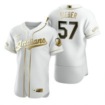 Nike Cleveland Indians #57 Shane Bieber White Golden Authentic Stitched MLB Jersey