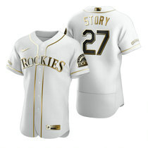 Nike Colorado Rockies #27 Trevor Story White Golden Authentic Stitched MLB Jersey