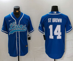 Nike Detroit Lions #14 Amon Ra St Brown Blue Joint team logo on sleeve Authentic Stitched baseball jersey