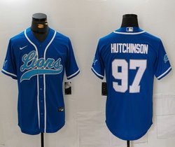 Nike Detroit Lions #97 Aidan Hutchinson Blue Joint team logo on sleeve Authentic Stitched baseball jersey