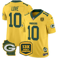 Nike Green Bay Packers #10 Jordan Love Gold 13 Time World Champions Authentic Stitched NFL Jersey