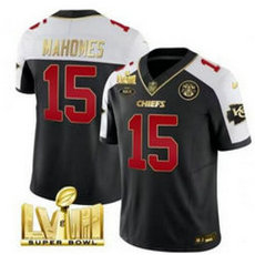 Nike Kansas City Chiefs #15 Patrick Mahomes Black Thanksgiving Gold Name With Super Bowl patch jersey