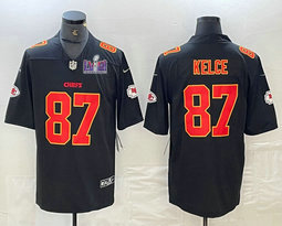 Nike Kansas City Chiefs #87 Travis Kelce Black fashion Gold Name With 2024 Super Bowl (LVIII ) patch Jersey
