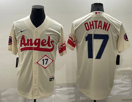 Nike Los Angeles Angels of Anaheim #17 Shohei Ohtani Cream #17 in front City Game Authentic Stitched MLB Jersey