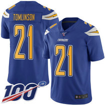 Nike Los Angeles Chargers #21 LaDainian Tomlinson With NFL 100th Season Patch Electric Blue Rush Authentic Stitched NFL Jersey