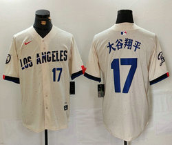 Nike Los Angeles Dodgers #17 大谷翔平 Cream Blue number 2024 City 17 front Authentic Stitched MLB Jersey