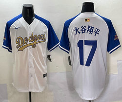Nike Los Angeles Dodgers #17 大谷翔平 White Blue arm Name Champions Jersey