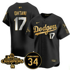 Nike Los Angeles Dodgers #17 Shohei Ohtani Black Gold sleeve with 34 patch 2024 World Series Champions Jersey