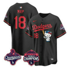 Nike Los Angeles Dodgers #18 MVP Black Hello Kitty Night Jersey